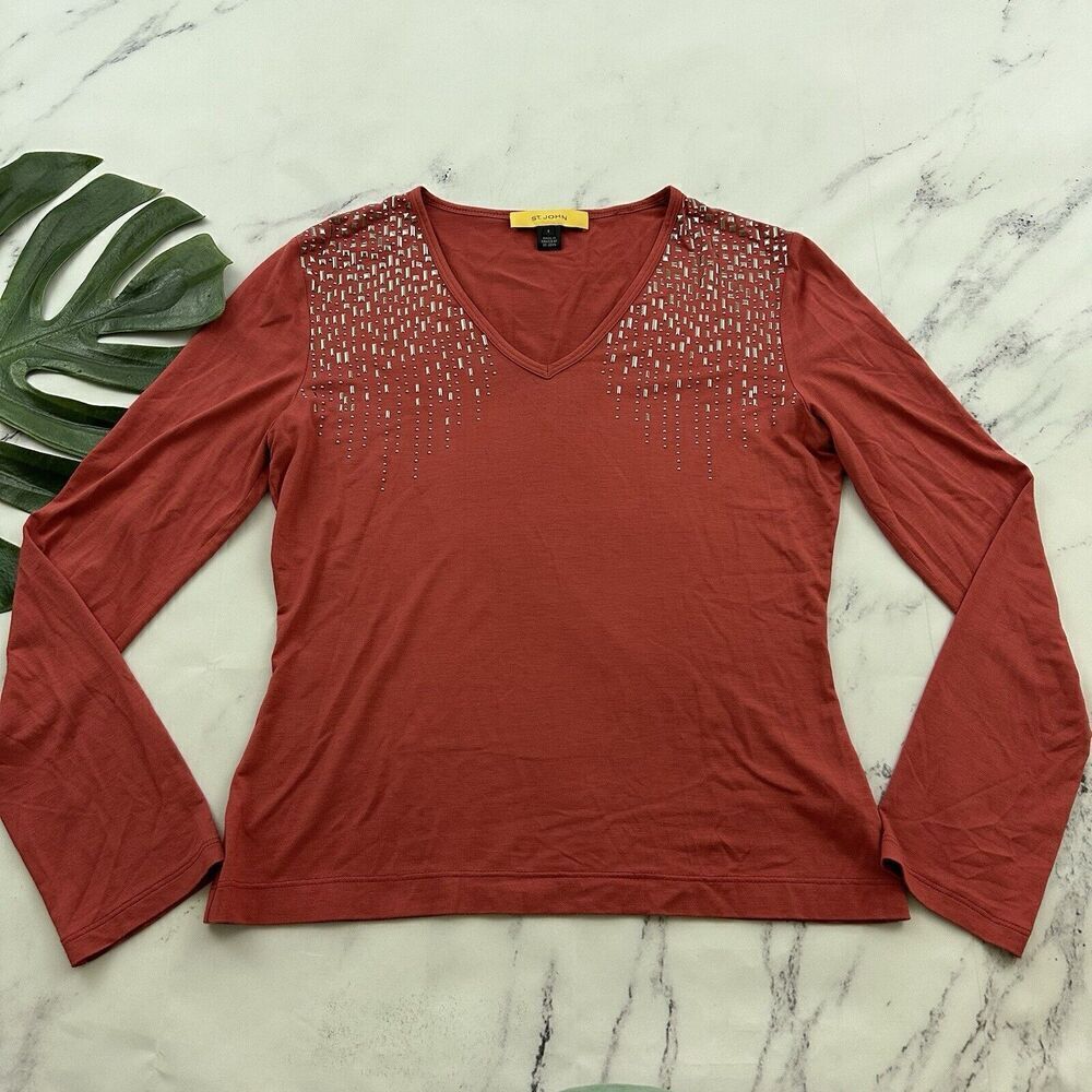 St John Long Sleeve Top Size S Pink Silver Stud Trim V-Neck Jersey Stretch Tee
